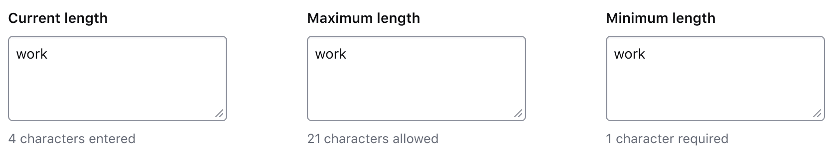 A workspace name textarea with the text "work" entered. If the character count is showing current length, it reads "4 characters entered". If maximum length, it reads "21 characters remaining". If minimum length, it reads "1 character remaining".