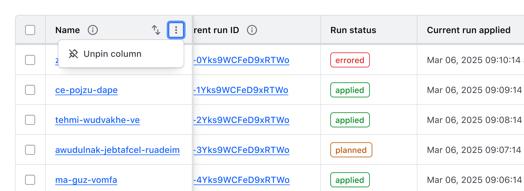 An Advanced Table with a pinned column with the context menu open and a single "Unpin column" option